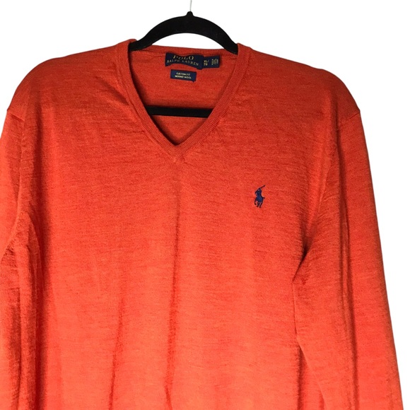 Polo Ralph Lauren Wool V-Neck Sweater Pullover Orange Lightweight Custom Fit XL - Picture 2 of 10